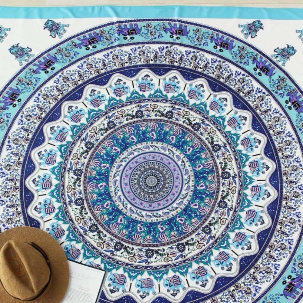 Blue Boho Style Round Beach Blanket